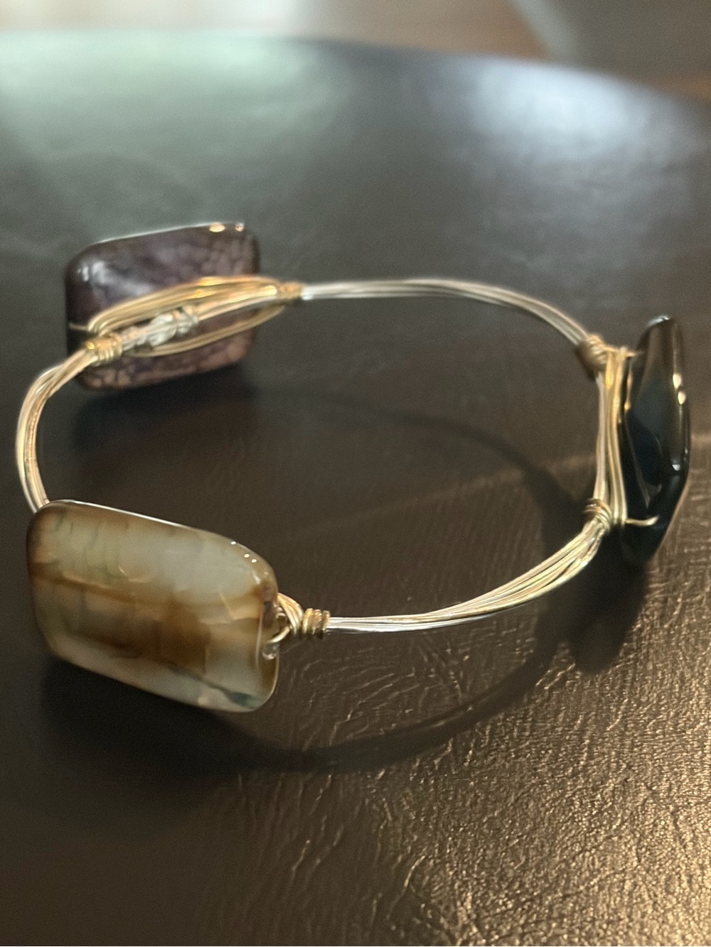 Handmade Multi Semi-Precious Agate Stone Gold Wire Wrapped Bangle Bracelet
